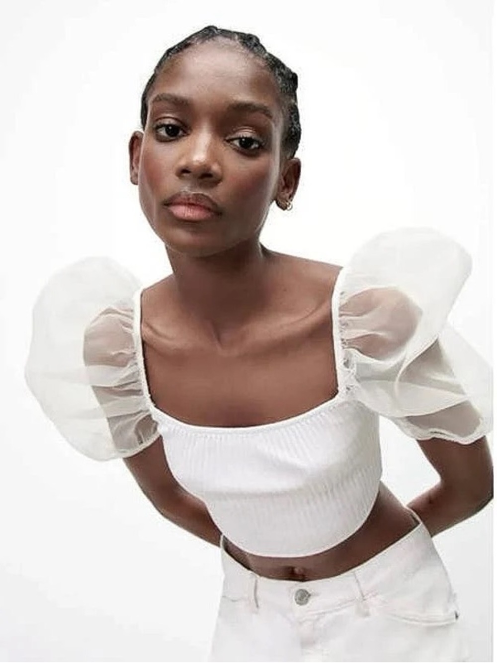 Zara White Puff Sleeve Ribbed Crop Top